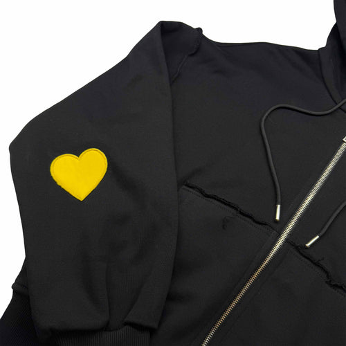 Суичър 2HEARTS — черен овърсайз с апликации на лактите и качулка, 380гр памук, произведен в България | Ulle