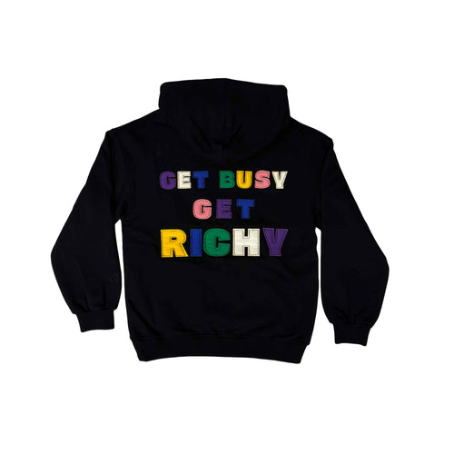 Суичър RICHY — черен овърсайз с апликация Get Busy Get Richy на гърба, 380гр памук, произведен в България | Ulle
