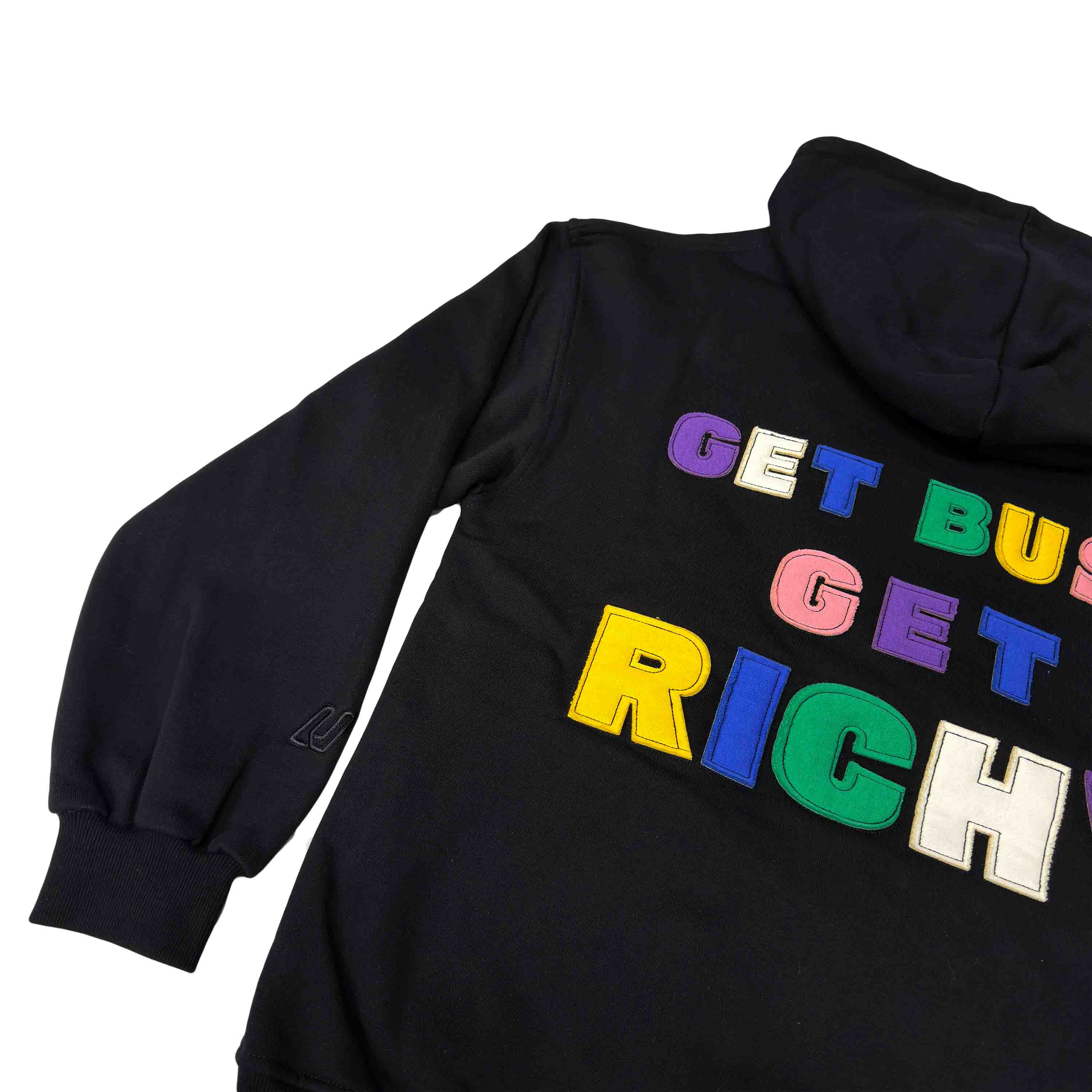 Суичър RICHY — черен овърсайз с апликация Get Busy Get Richy на гърба, 380гр памук, произведен в България | Ulle