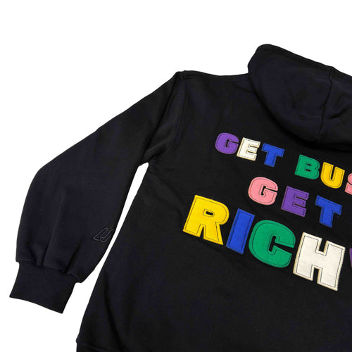 Суичър RICHY — черен овърсайз с апликация Get Busy Get Richy на гърба, 380гр памук, произведен в България | Ulle