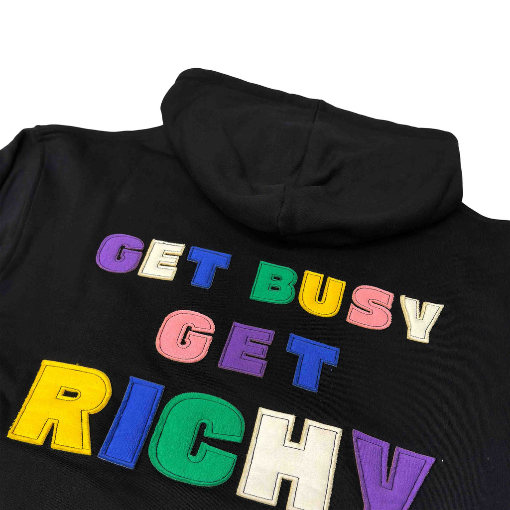 Суичър RICHY — черен овърсайз с апликация Get Busy Get Richy на гърба, 380гр памук, произведен в България | Ulle