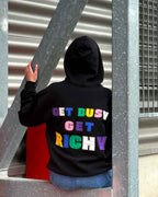 Суичър RICHY — черен овърсайз с апликация Get Busy Get Richy на гърба, 380гр памук, произведен в България | Ulle