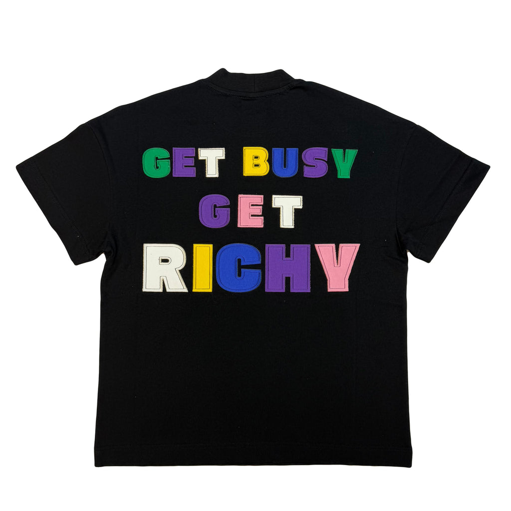 Тениска RICHY — черна овърсайз с апликация Get Busy Get Richy на гърба, български памук 240гр | Ulle