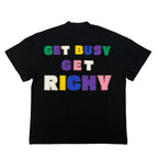 Тениска RICHY — черна овърсайз с апликация Get Busy Get Richy на гърба, български памук 240гр | Ulle