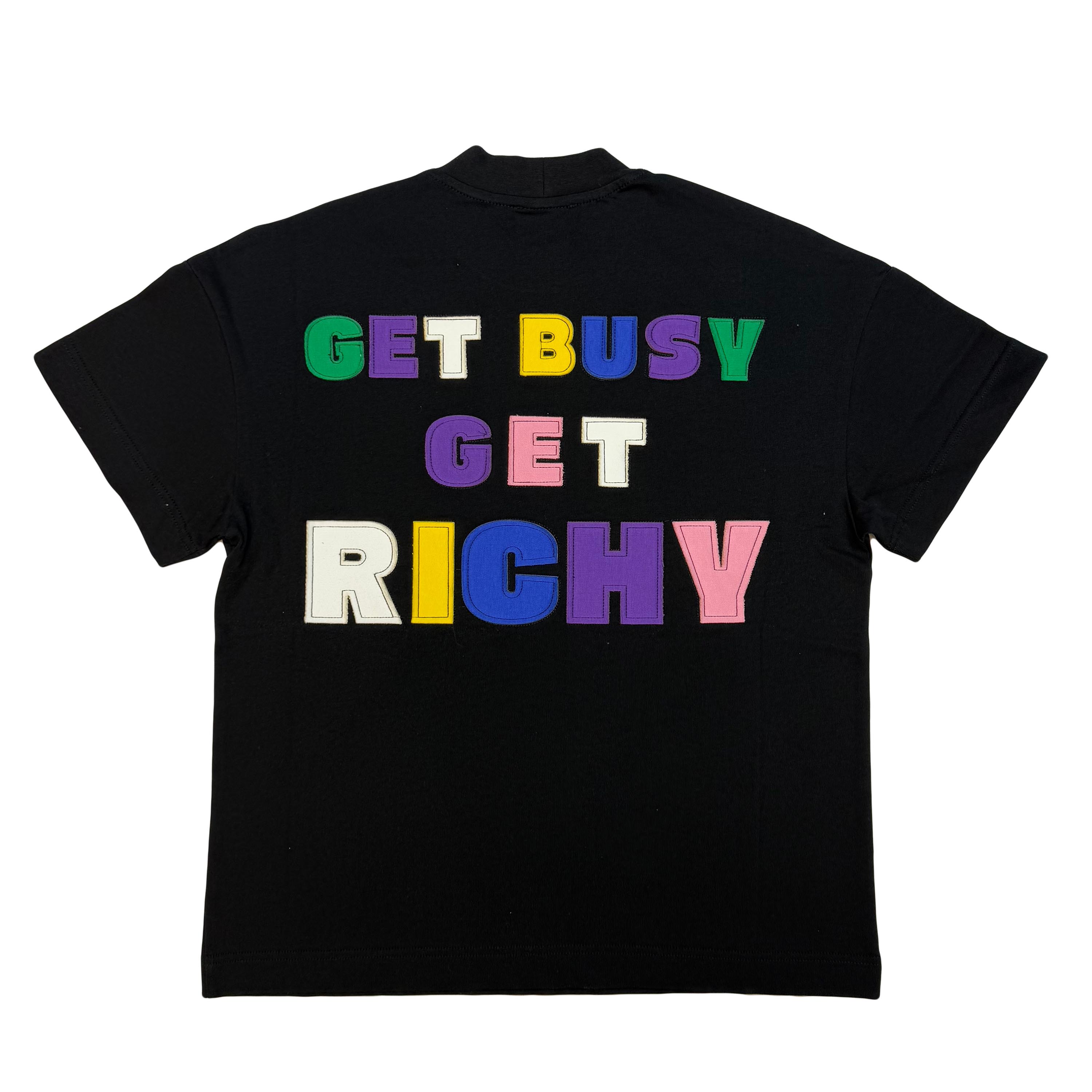 Тениска RICHY — черна овърсайз с апликация Get Busy Get Richy на гърба, български памук 240гр | Ulle