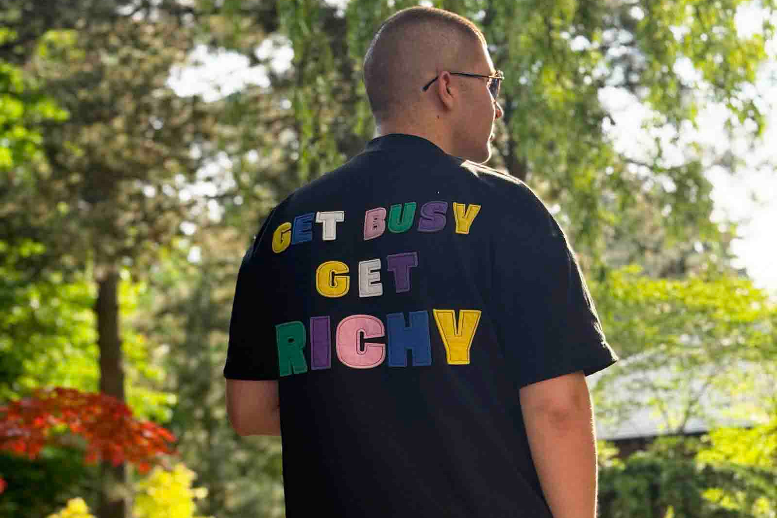Тениска RICHY — черна овърсайз с апликация Get Busy Get Richy на гърба, български памук 240гр | Ulle