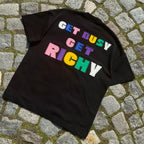 Тениска RICHY — черна овърсайз с апликация Get Busy Get Richy на гърба, български памук 240гр | Ulle