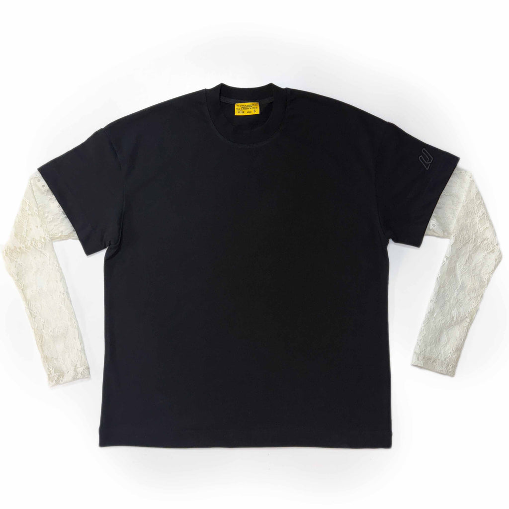 Тениска URBAN LACE — черна овърсайз с дантелени ръкави в слонова кост, произведена в България | Ulle
